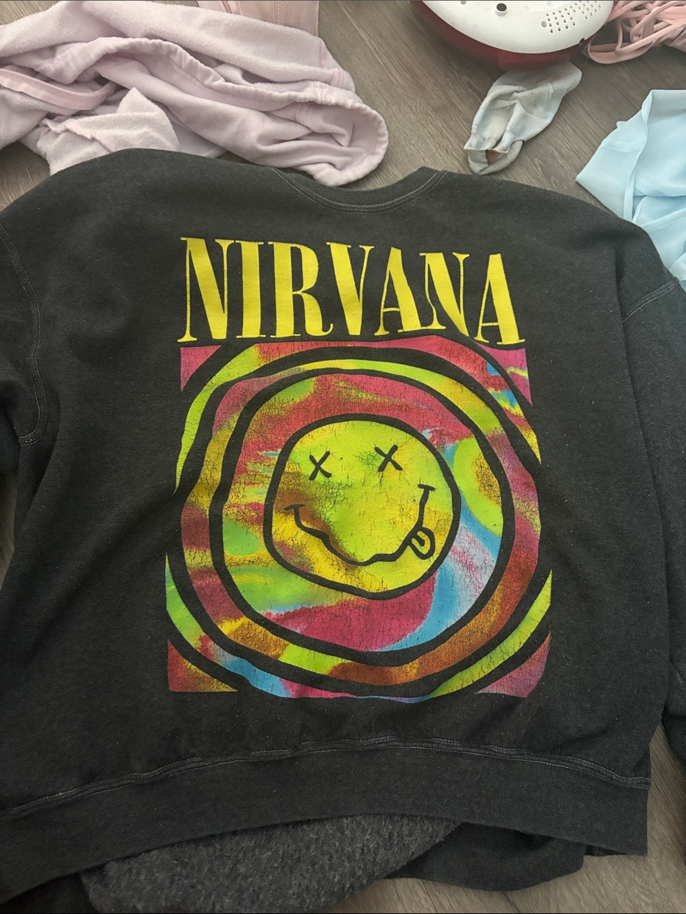 NIRVANA Black Crewneck with Neon Smiley Spiral Print